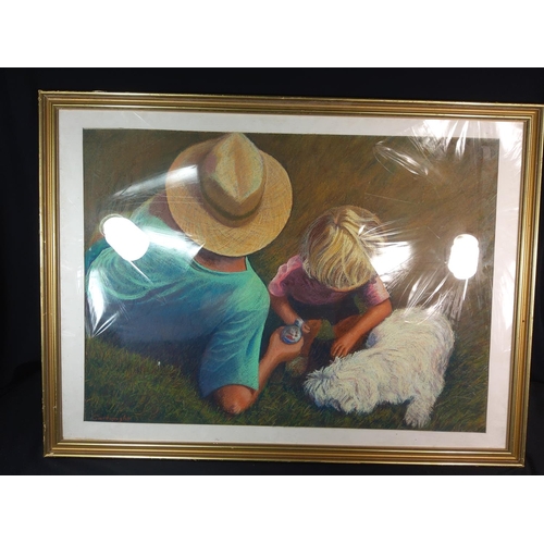 42 - Large framed & signed pastel picture of parent, child and dog, 84cms x 62cms