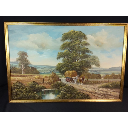 44 - Gilt framed oil on board of country scene, 79cms x 53cms
