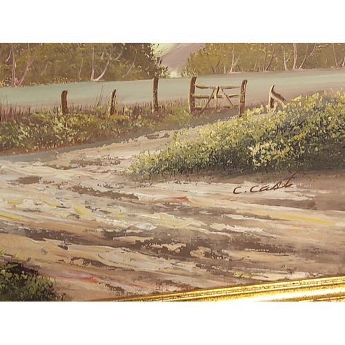 44 - Gilt framed oil on board of country scene, 79cms x 53cms