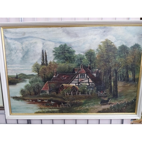 66 - Large framed oil on canvas house and river scene signed, 80cms x 55cms