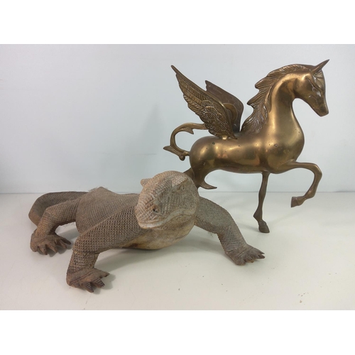 339 - Brass Pegasus and wooden lizard