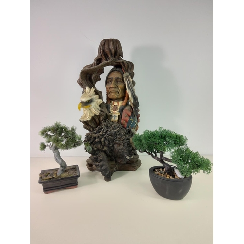 344 - Native Indian figure and 2 bonsai trees