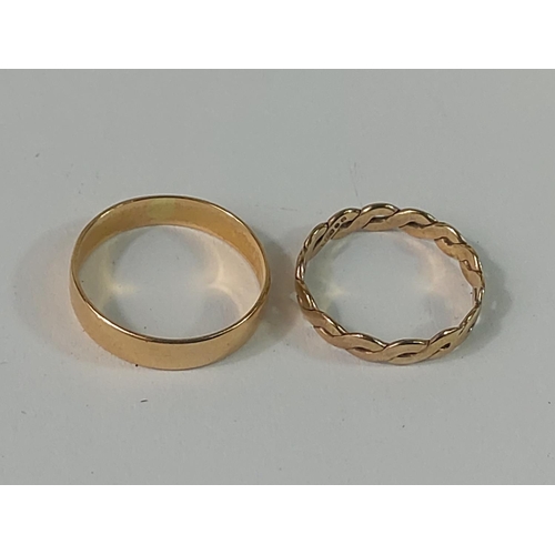 431 - 2 tested gold band rings, 2.1g, sizes D & G