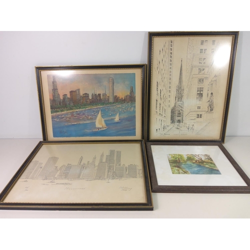 61 - 3 framed city scenes plus one including limited edition, largest 48cms x 36cms