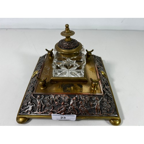 23 - Antique metal and glass ink stand