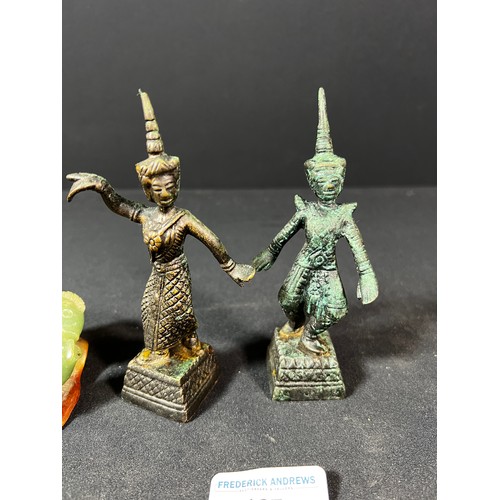 167 - 2 Eastern bronze figures and a jade green fish