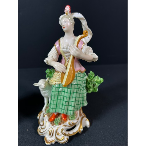 159 - Pair of antique porcelain figures with  Meissen mark and a single candle stick Candle stick A/F