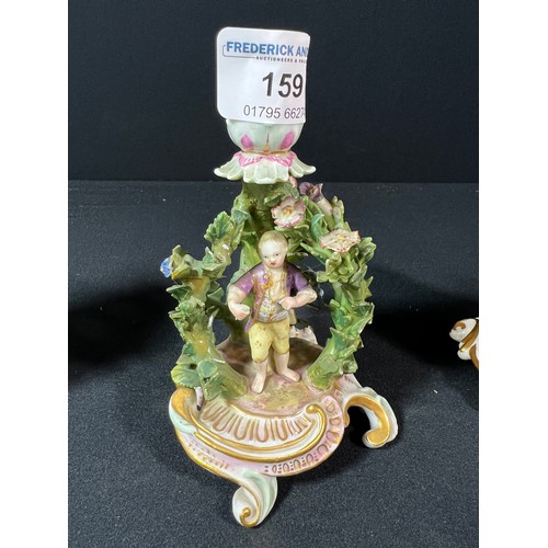 159 - Pair of antique porcelain figures with  Meissen mark and a single candle stick Candle stick A/F