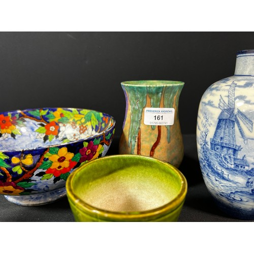 161 - Mailing ware bowl, Crown Devon vase, Bretby planter, Delft vase and 2 Sylvac dogs