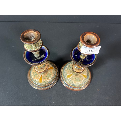 156 - Pair of Royal Doulton lambeth Brass and porcelain candlesticks - 21cm tall