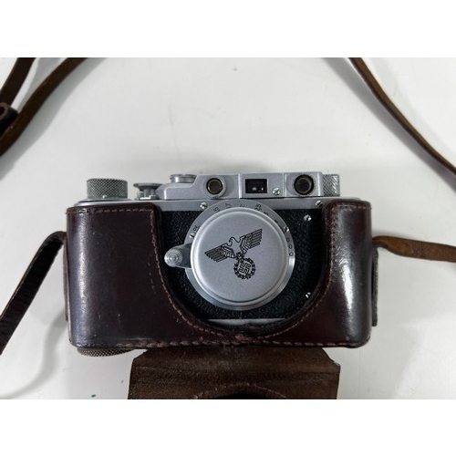 351 - Vintage leather cased camera  marked Leica with Nazi emblems Marked Luftwaffe