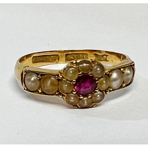 450 - 18ct gold ruby and sead pearl ring SIZE K
