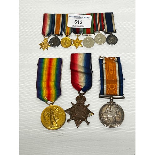 612 - 3 WWI medals and bar of miniatures
[S3-027228 PTE W.DURRANT A.S.C] & 2X{S3-027228 CPL W.DURRANT A.S.... 