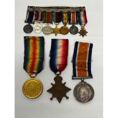 612 - 3 WWI medals and bar of miniatures
[S3-027228 PTE W.DURRANT A.S.C] & 2X{S3-027228 CPL W.DURRANT A.S.... 