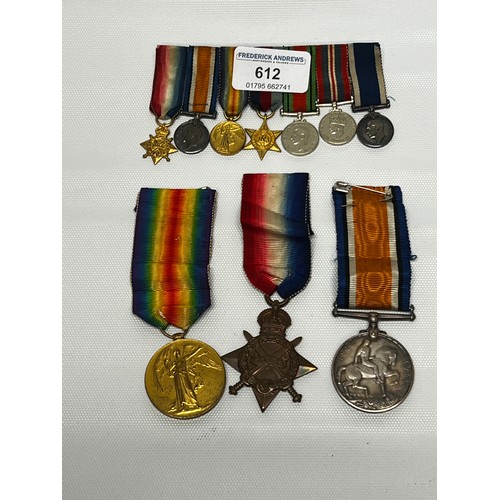 612 - 3 WWI medals and bar of miniatures
[S3-027228 PTE W.DURRANT A.S.C] & 2X{S3-027228 CPL W.DURRANT A.S.... 