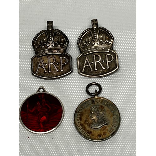 609 - 2 silver ARP badges, Queen Victoria diamond jubilee medal and silver St Christopher - gross weight 4... 