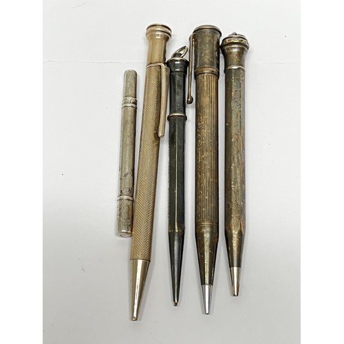 577 - 2 silver and 3 silver plated propelling pencils