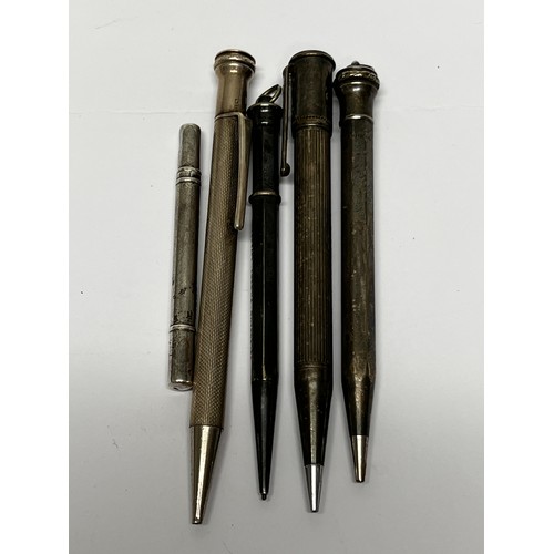 577 - 2 silver and 3 silver plated propelling pencils