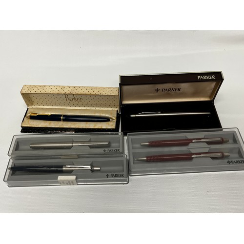 575 - 3 boxed Parker ballpoint pens, boxed Parker 2 pen set and a boxed vintage Parker fountain pen with 1... 