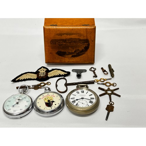 580 - Garrard Pocket watch, guinness pocket watch and winegartens pocket watch together with sew on RAF ba... 