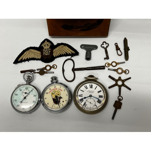 580 - Garrard Pocket watch, guinness pocket watch and winegartens pocket watch together with sew on RAF ba... 