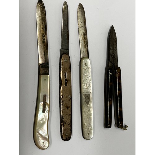 583 - 2 silver bladed Mother of Pearl fruit knives, silver cased fruit knife and tortoise shell mounted fo... 