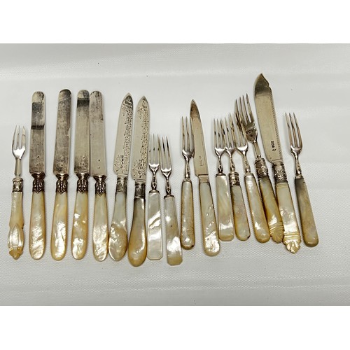 743 - Quantity of silver bladed Mother of Pearl handled knives and forks