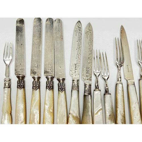 743 - Quantity of silver bladed Mother of Pearl handled knives and forks