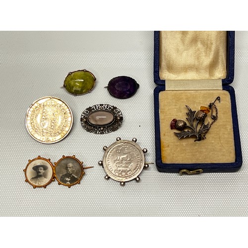 631 - Antique and vintage brooches including stone set, coin set and silver