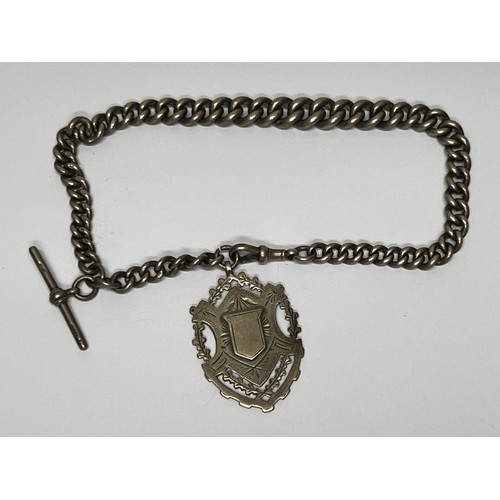 624 - Chunky silver watch chain with t-bar and fob 85.4g