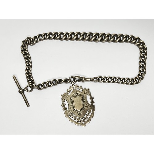 624 - Chunky silver watch chain with t-bar and fob 85.4g