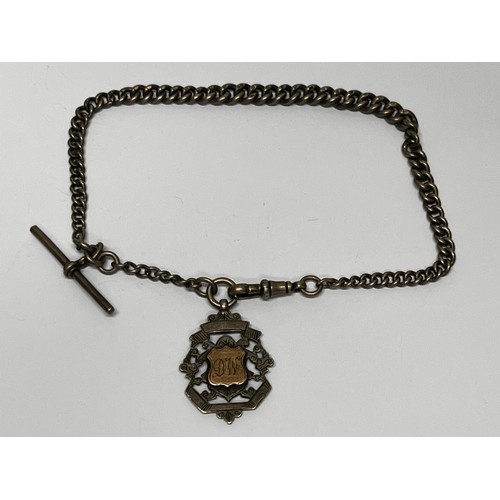 622 - Silver pocket watch chain with t-bar and fob 38.7g