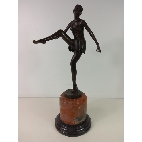 57 - Cast bronze dancing girl on marble plinth, height approx 49cms