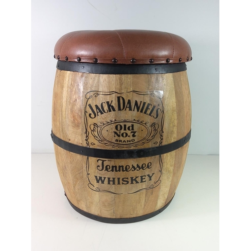 129 - Coopered barrel stool with Jack Daniels advertising and removable lid, approx 55cms tall