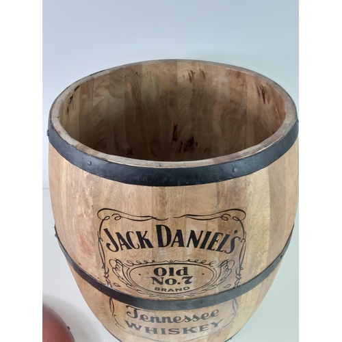 129 - Coopered barrel stool with Jack Daniels advertising and removable lid, approx 55cms tall