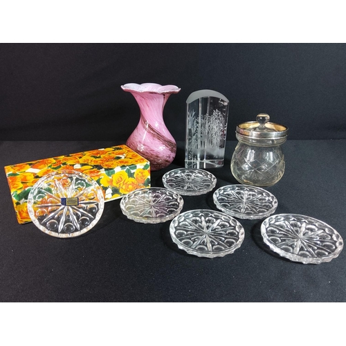 148 - Glass vase. paperweights, coasters and silver rimmed preserve jar