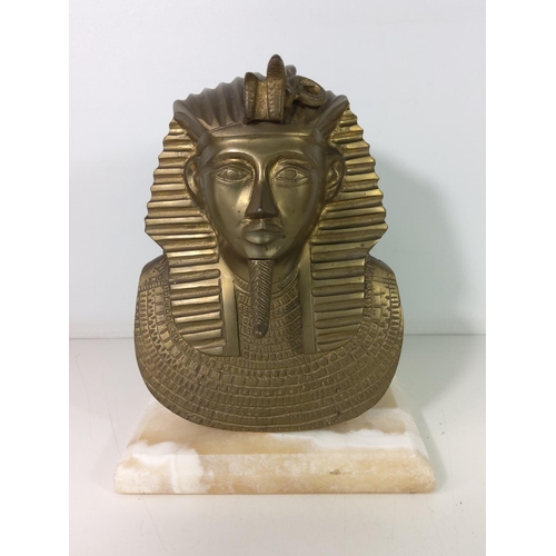 150 - Cast brass King Tut mask on marble base, approx height 28cms