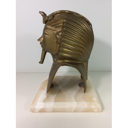 150 - Cast brass King Tut mask on marble base, approx height 28cms