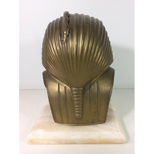 150 - Cast brass King Tut mask on marble base, approx height 28cms