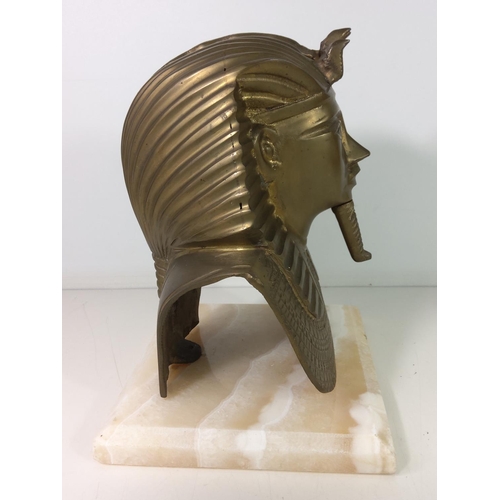 150 - Cast brass King Tut mask on marble base, approx height 28cms