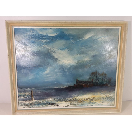 21 - Framed oil on board titled 'Winter Space' signed by Ronald Pawson 1916-1977, 71cms x 59cms