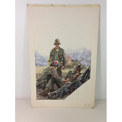 23 - War comic book illustration watercolour on board of Military Battlefield scene