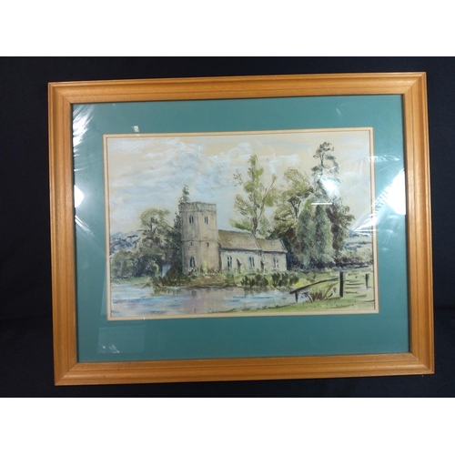 6 - Large framed pastel of a Church signed Kenneth Holmes, 62cms x 49cms