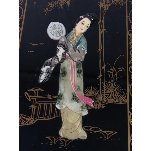 26 - Small 3D Oriental panel with jade and mother of pearl, 30cms x 18cms