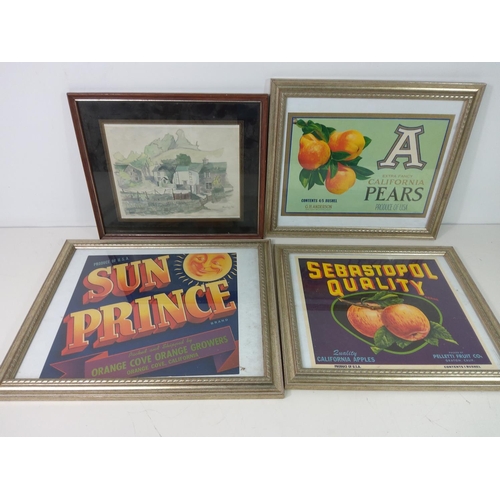 40 - A 3-piece pewter tea set on tray, picture and advertising pictures, largest 40cms x 34cms, 78's and ... 