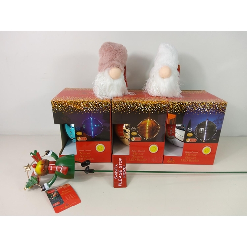 168 - 3 LED orbs, 2 miniature Gonks and a 'Santa Please Stop Here' sign, new and boxed/tagged