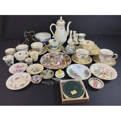 236 - Box of vintage teaware including Coalport, Royal Albert and Spode and a tray of ornaments and trinke... 