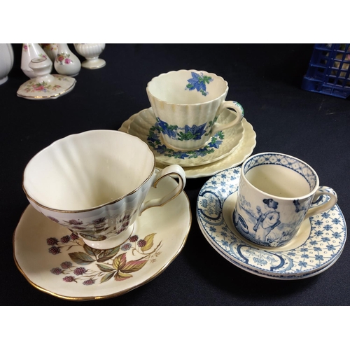 236 - Box of vintage teaware including Coalport, Royal Albert and Spode and a tray of ornaments and trinke... 