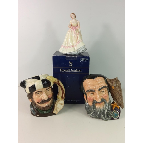 64 - Royal Doulton lady and 2 Doulton Toby jugs