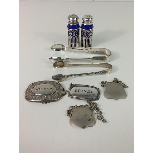 371 - Silver plated sugar tongs, salt & pepper cruet set and bottle labels